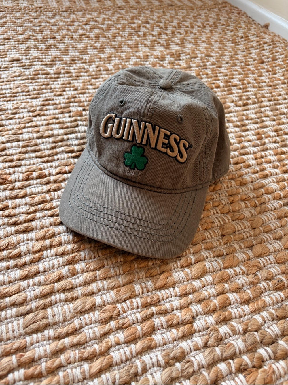 Guinness Olive Baseball Cap Dad hat with Embroidered Shamrock. Snap back
